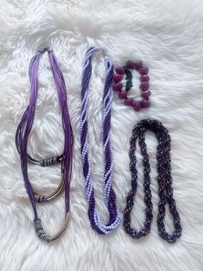LOT of 4 Purple Beaded & Cord Necklace Set